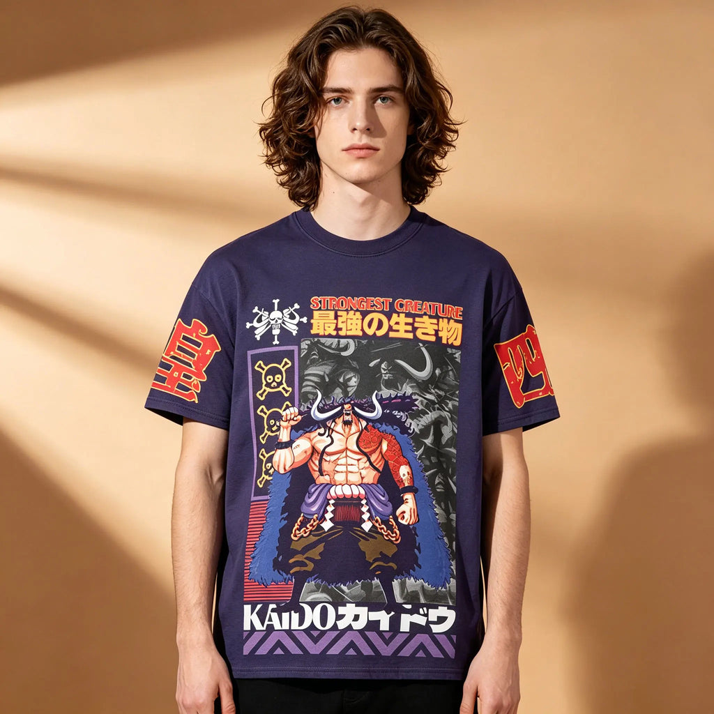 Men's One Piece Kaido Strongest Creature Japanese Text Skull Sleeve Print T-Shirt