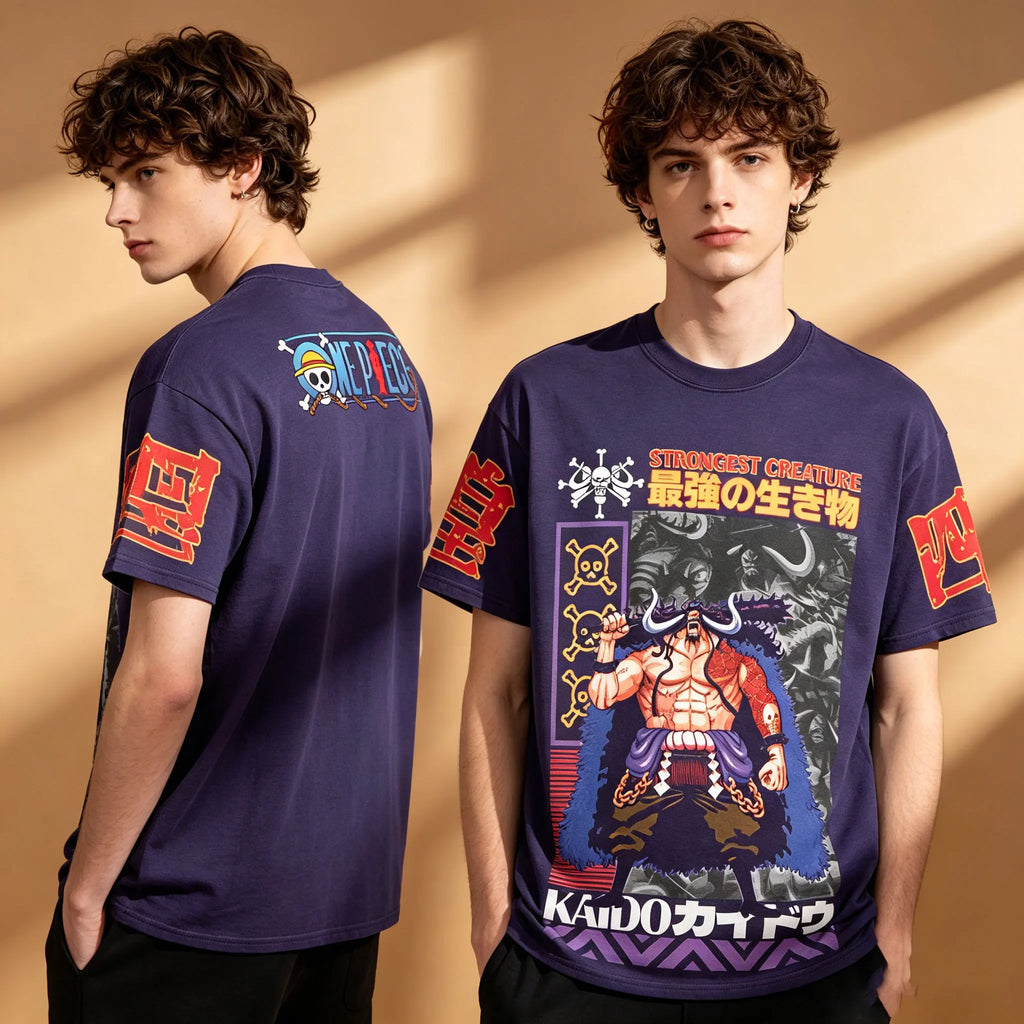 Men's One Piece Kaido Strongest Creature Japanese Text Skull Sleeve Print T-Shirt