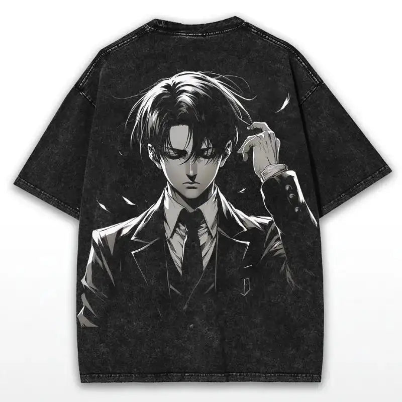 Levi Ackerman Attack On Titan Graphic T Shirt Men Short Sleeve Cotton Tshirts Vintage Washed Tee Harajuku Male Oversized T-shirt